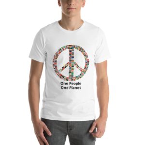 t-shirt with all flags of countries in a peace sign design.