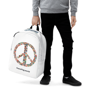 Backpack with a peace sign design featuring all country flags