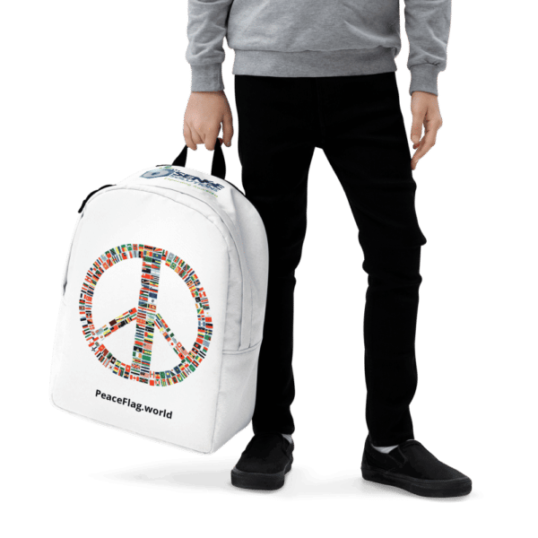 Backpack with a peace sign design featuring all country flags